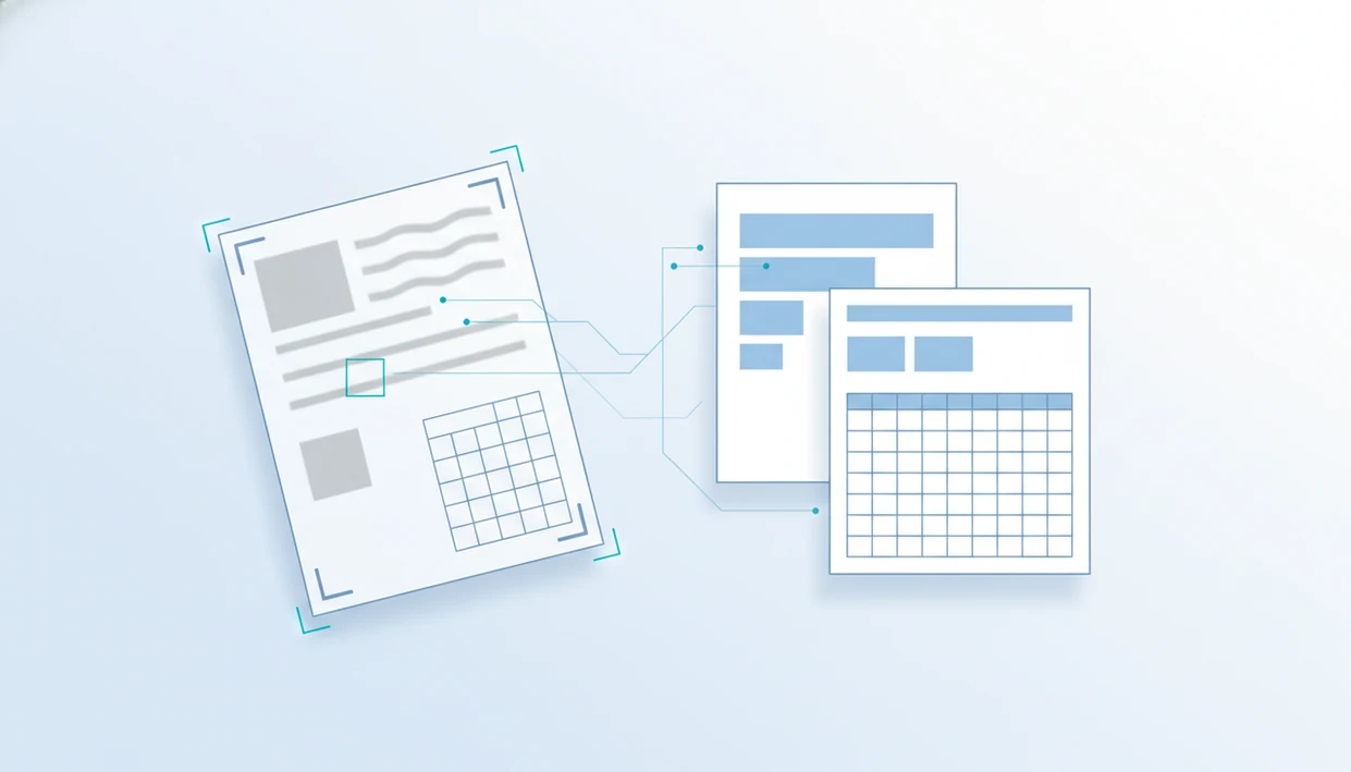 A scanned PDF page is analyzed into structured document and table outputs using OCR and layout detection.