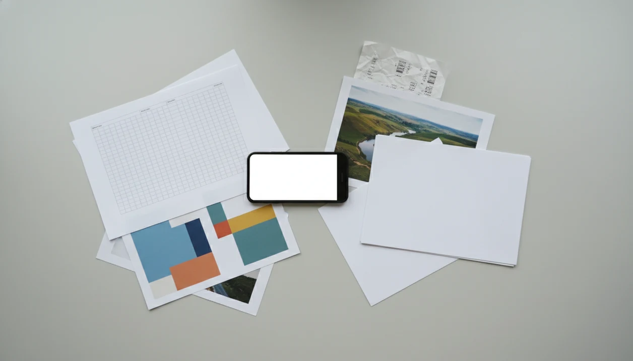 A phone on a desk surrounded by documents and photos being gathered into one clean PDF-like stack.