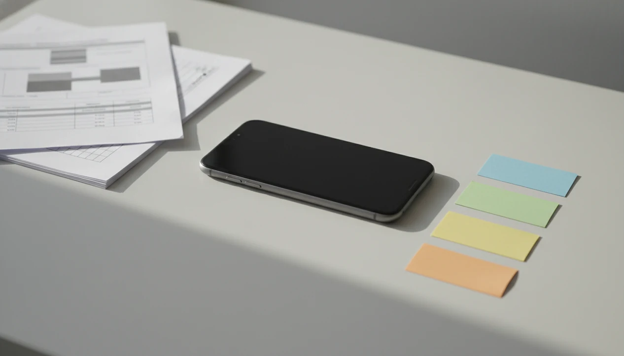 A smartphone and organized document files show a mobile workflow for converting and managing PDFs.