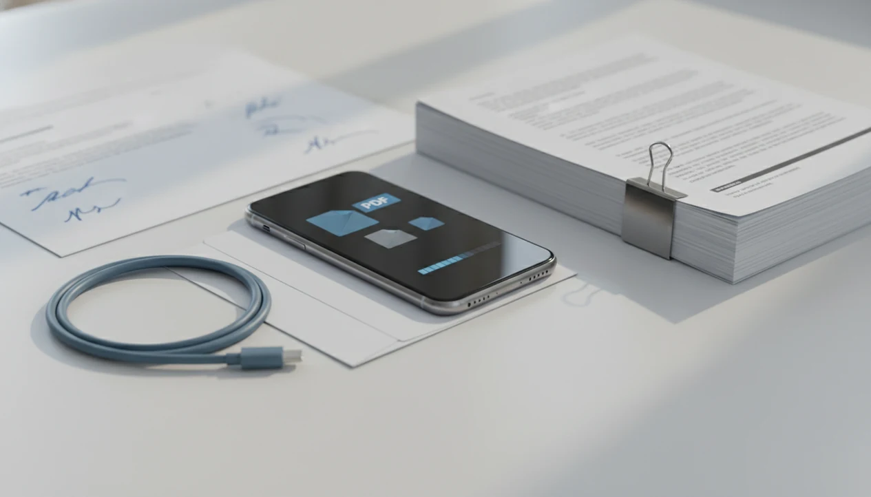 A phone and clipped document stack suggest shrinking a PDF file for email from a mobile device.
