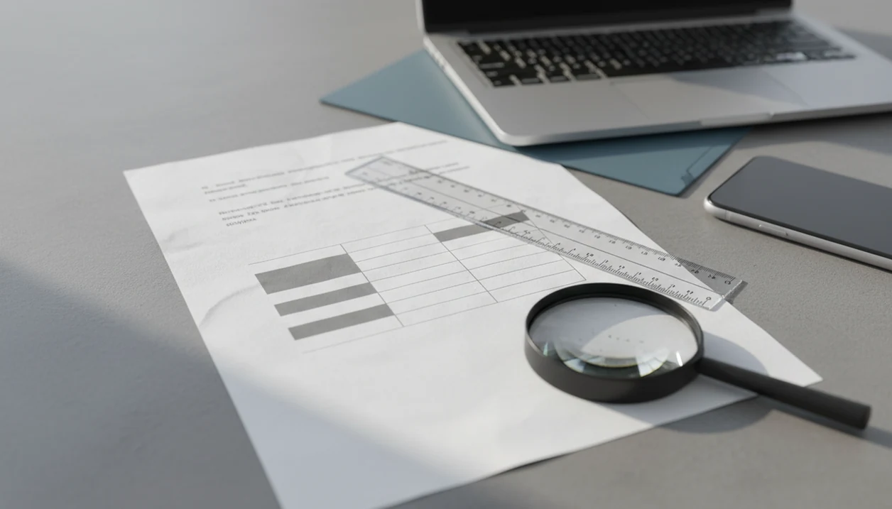 A scanned document, phone, laptop, ruler, and magnifier show OCR review and table conversion issues.