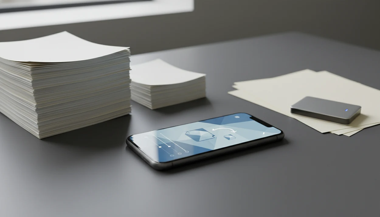 A smartphone shows an abstract PDF compression screen beside tall and thin stacks of document pages.