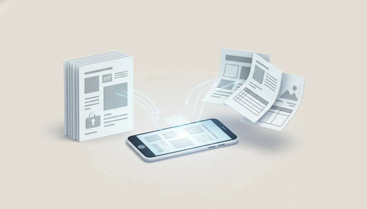A smartphone visually converting fixed PDF pages into editable document pages on a clean desk.