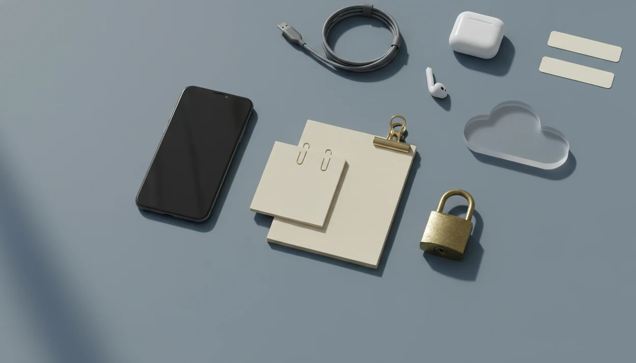 A phone, blank document stacks, and a padlock arranged to suggest safely merging PDF files.