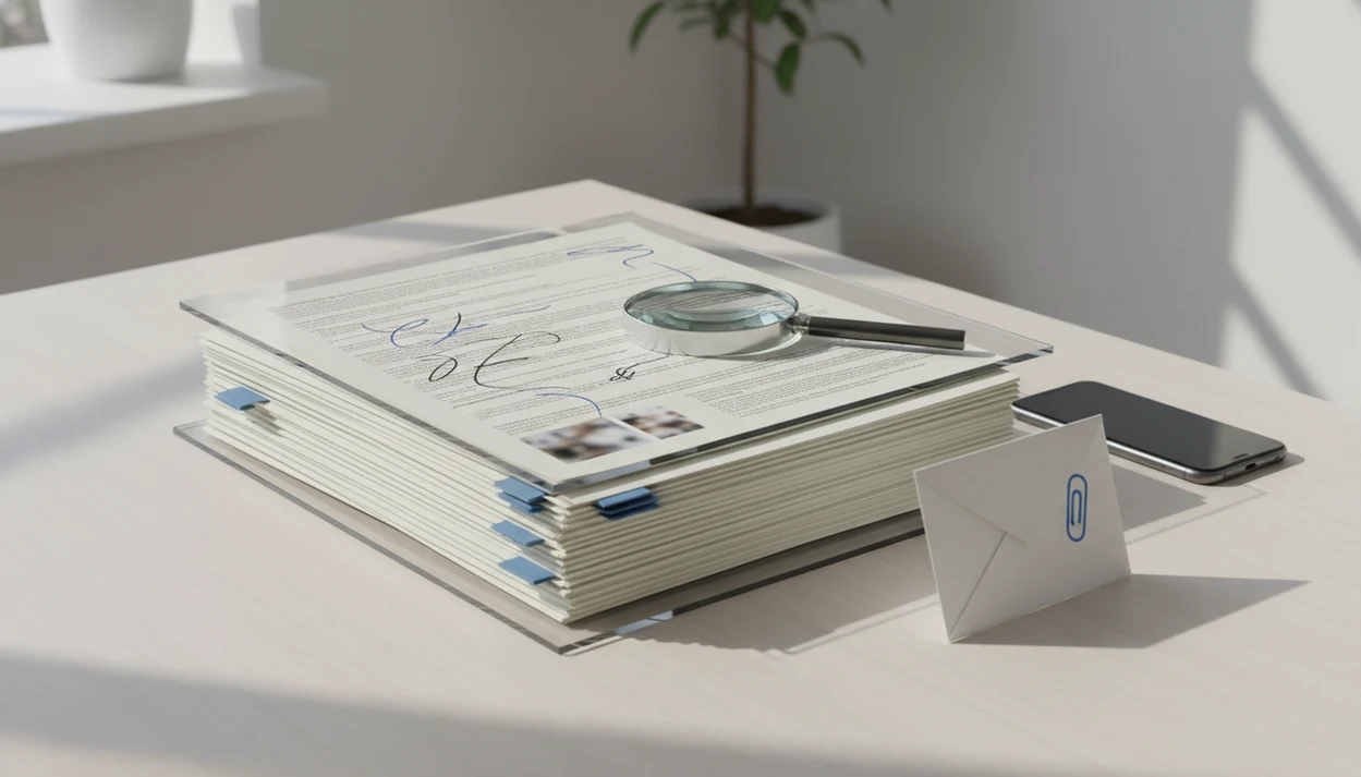 A stack of PDF pages is compressed between clear plates while a magnifying glass checks fine print.