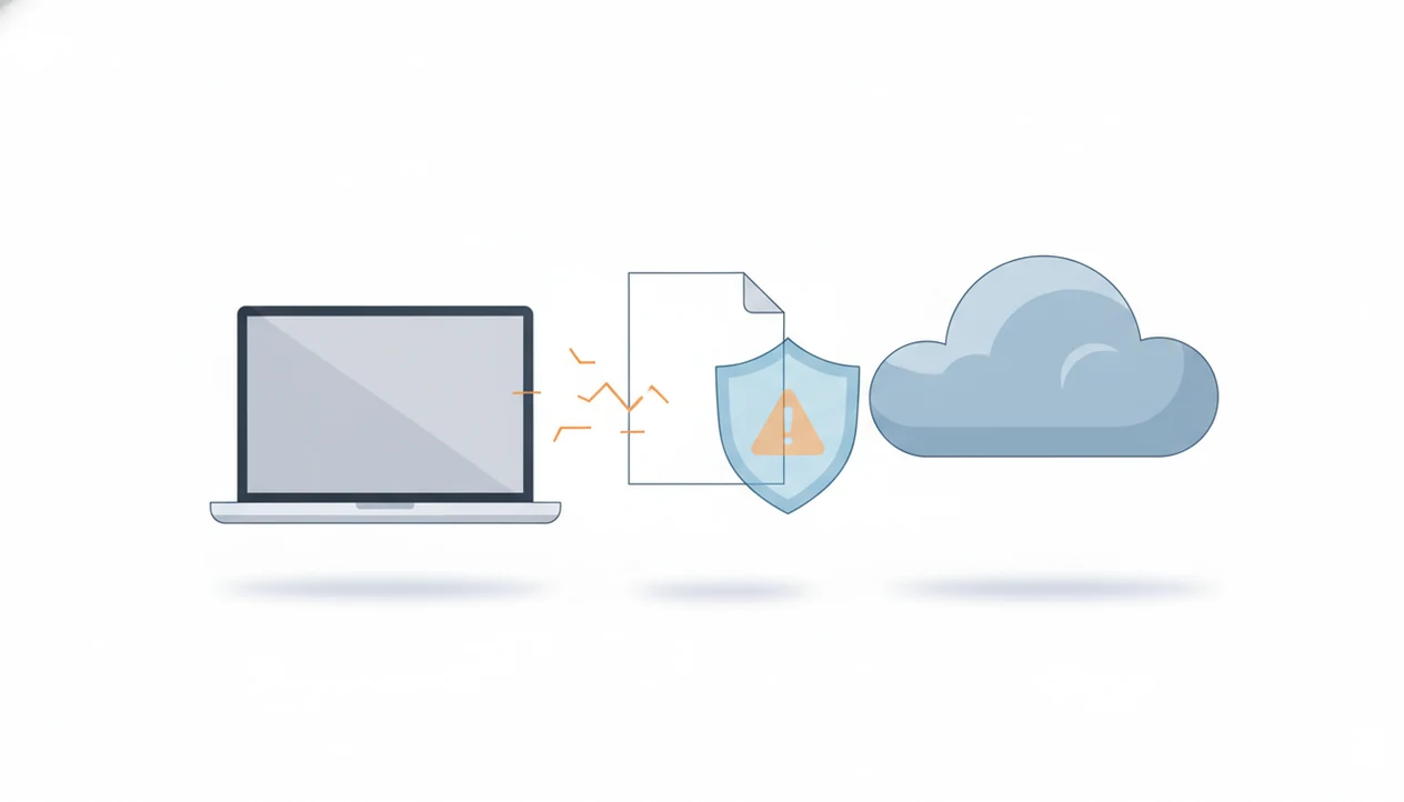 A PDF file moves between a laptop and cloud server behind a warning shield, suggesting converter security risks.