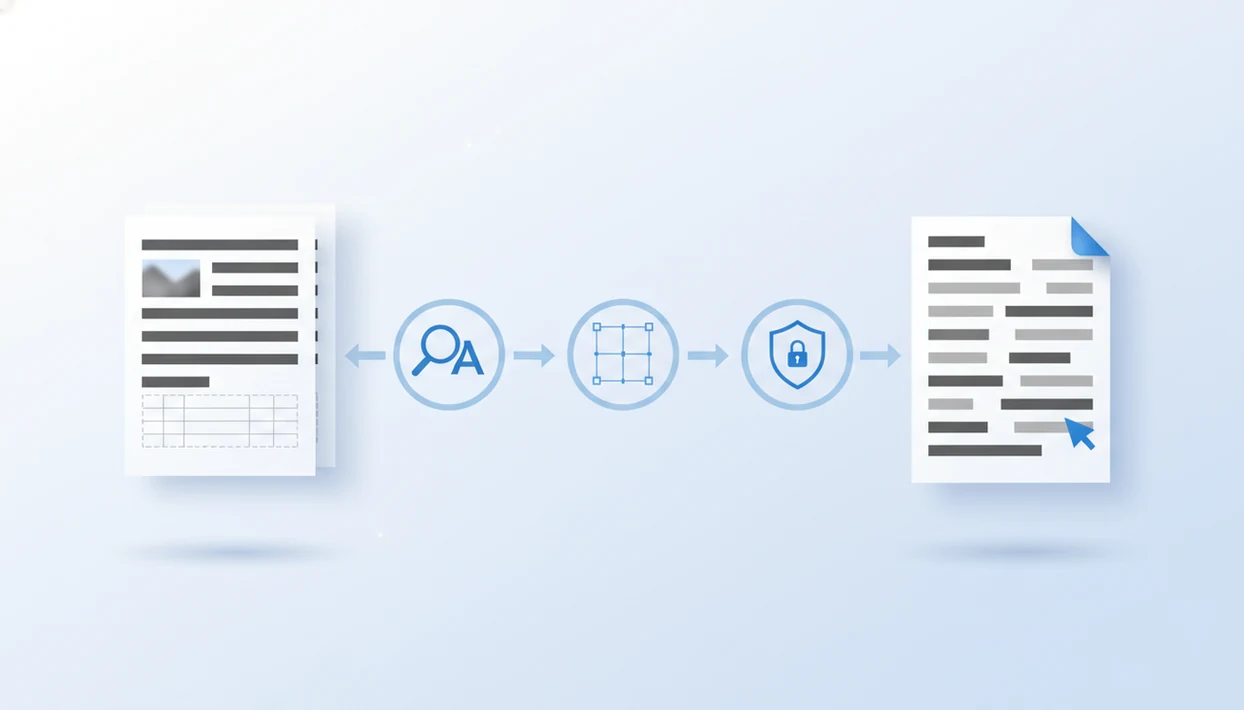 An illustrated PDF to Word workflow with OCR, layout, and privacy checks before an editable document.