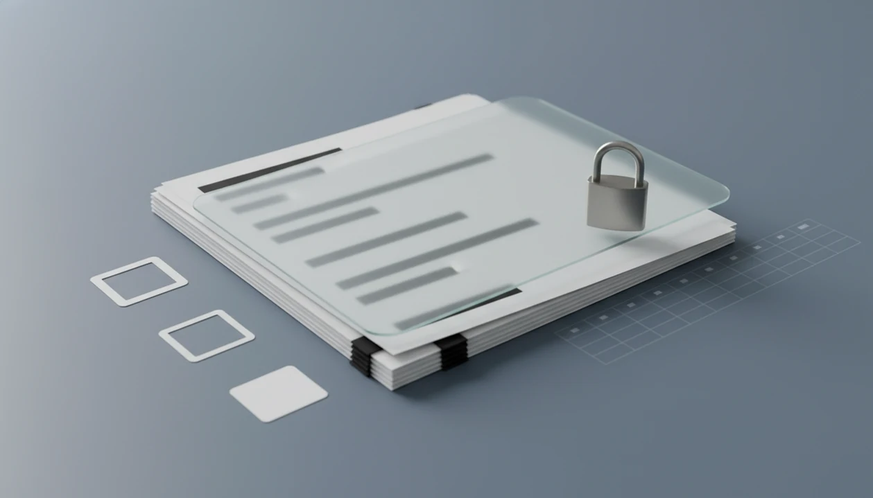 A stack of private PDF documents sits under a frosted shield with a padlock, suggesting secure conversion.