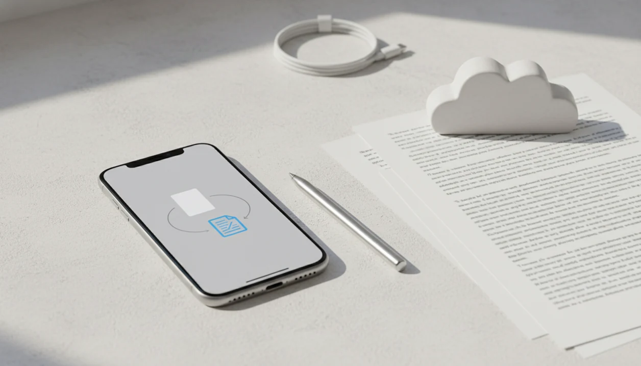 An iPhone on a desk shows a generic PDF-to-Word conversion beside blurred document pages.