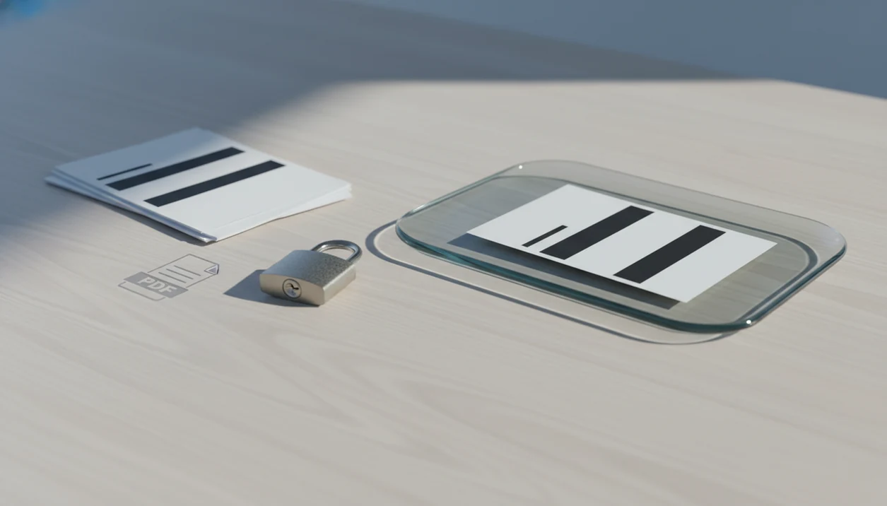 A stack of generic documents with redaction bars sits beside a padlock, suggesting PDF upload privacy checks.