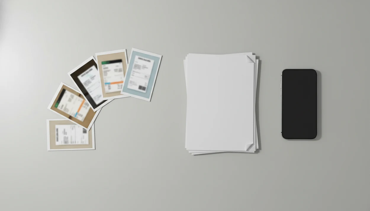 A phone, loose photo prints, and a neat document stack suggest converting JPG images into one PDF.