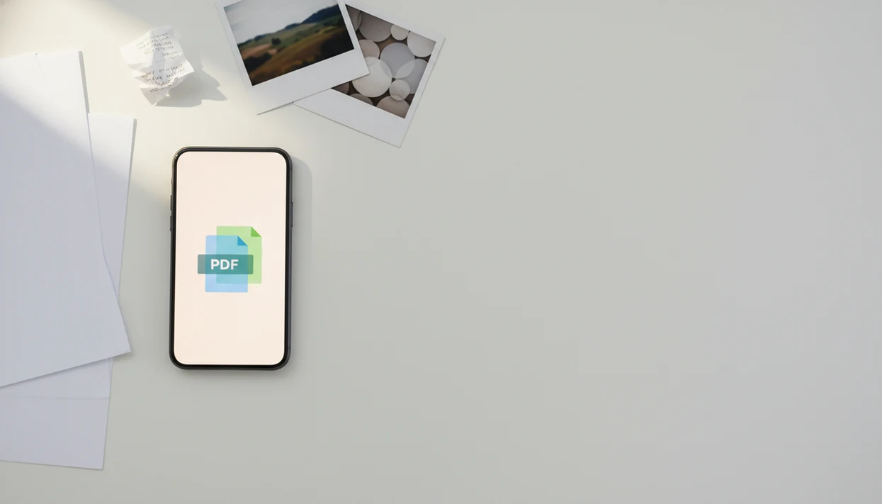 A smartphone organizes loose papers, receipts, and photos into one clean digital PDF packet.