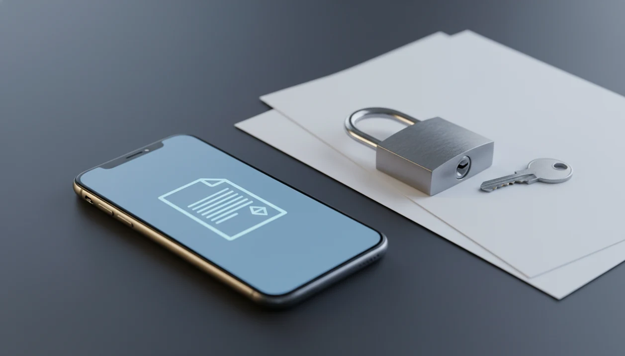 A smartphone, paper documents, key, and padlock suggest password protection for mobile PDF files.