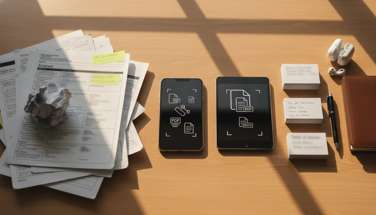A student desk shows messy PDF handouts beside a phone and organized study notes after conversion.