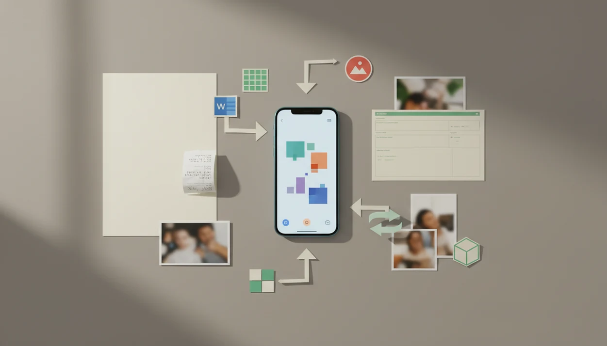 A smartphone on a desk converting paper files into editable mobile document formats.