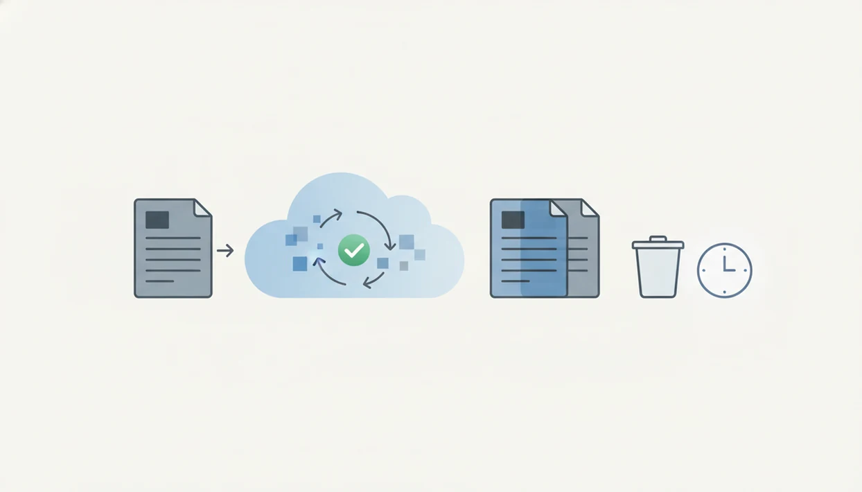 A clean illustration shows documents moving through cloud storage toward a deletion bin and retention clock.