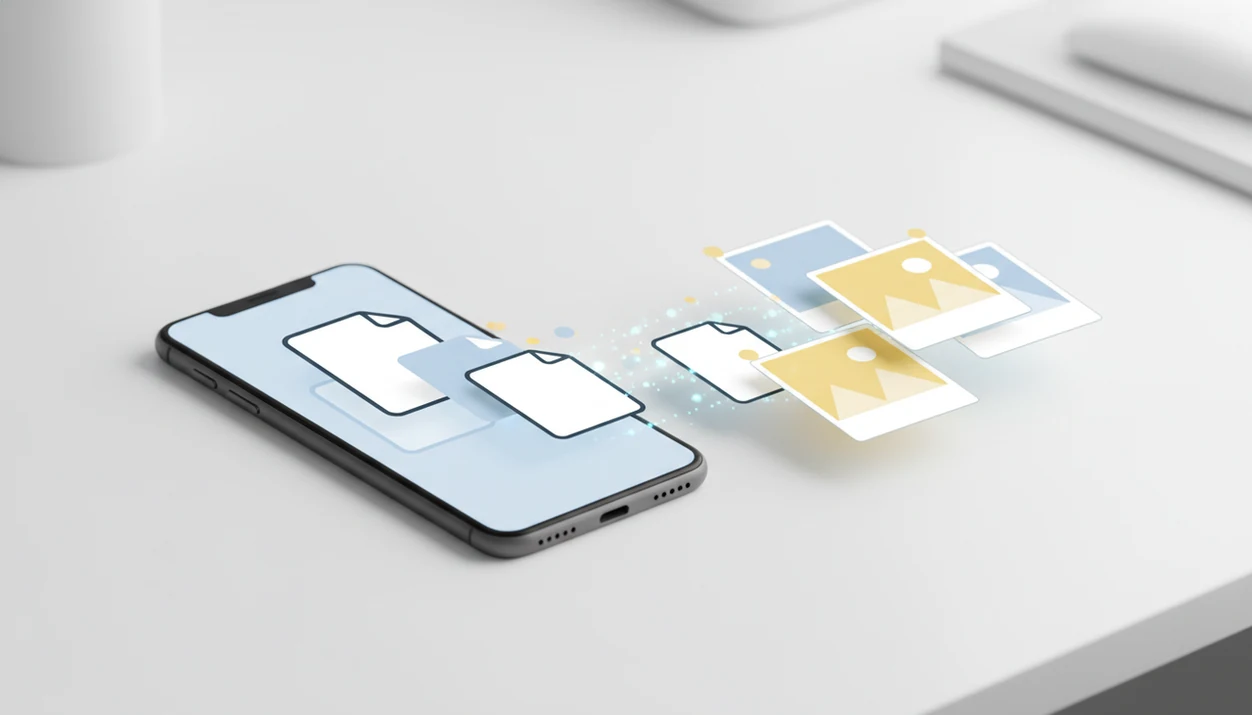 A smartphone converts blank PDF pages into separate image thumbnails for mobile sharing.