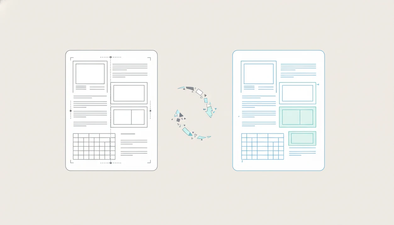 A fixed PDF page is shown converting into an editable document with slightly shifted layout blocks.