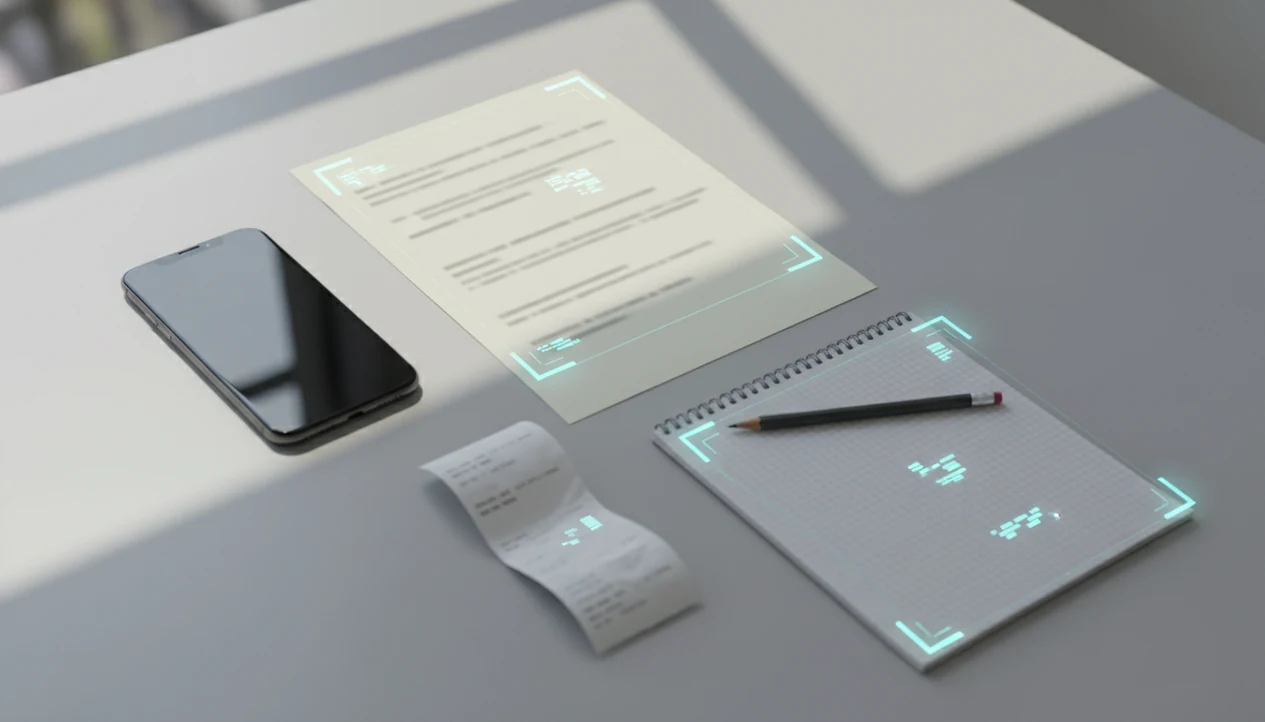 A phone beside scanned papers with edge detection and OCR-style overlays on a clean desk.