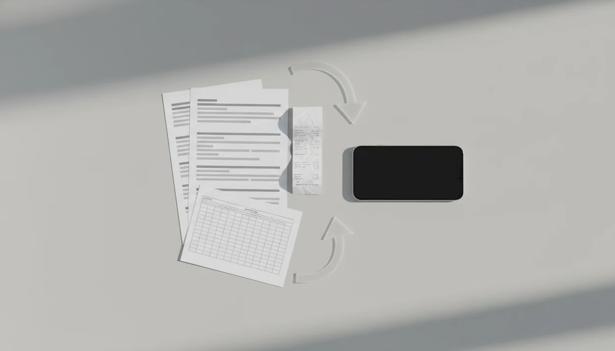 A sideways receipt among scanned pages suggests rotating PDF pages before sharing or converting.