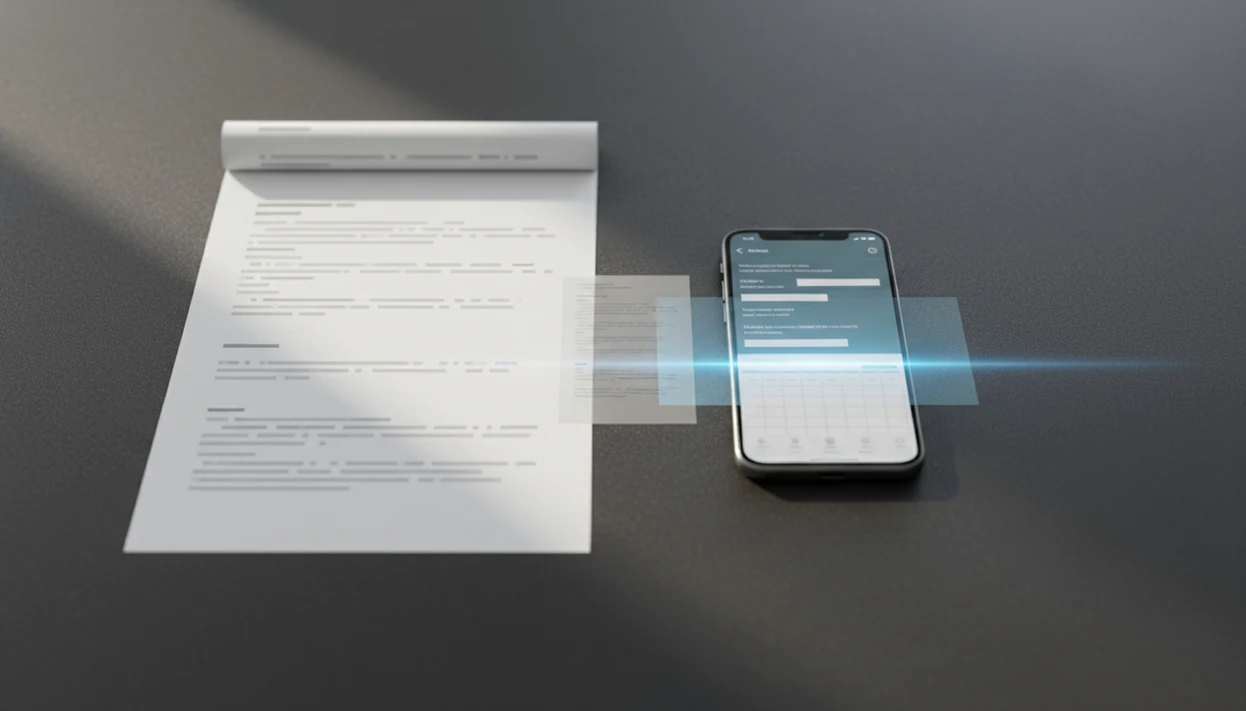 A scanned paper document visually transforms into selectable digital text on a smartphone.