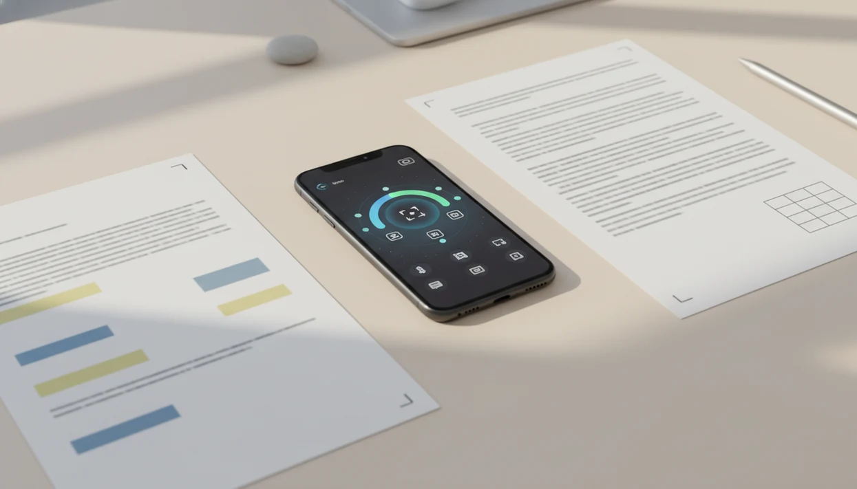 A scanned paper, smartphone, and clean editable document arranged as an OCR conversion workflow.