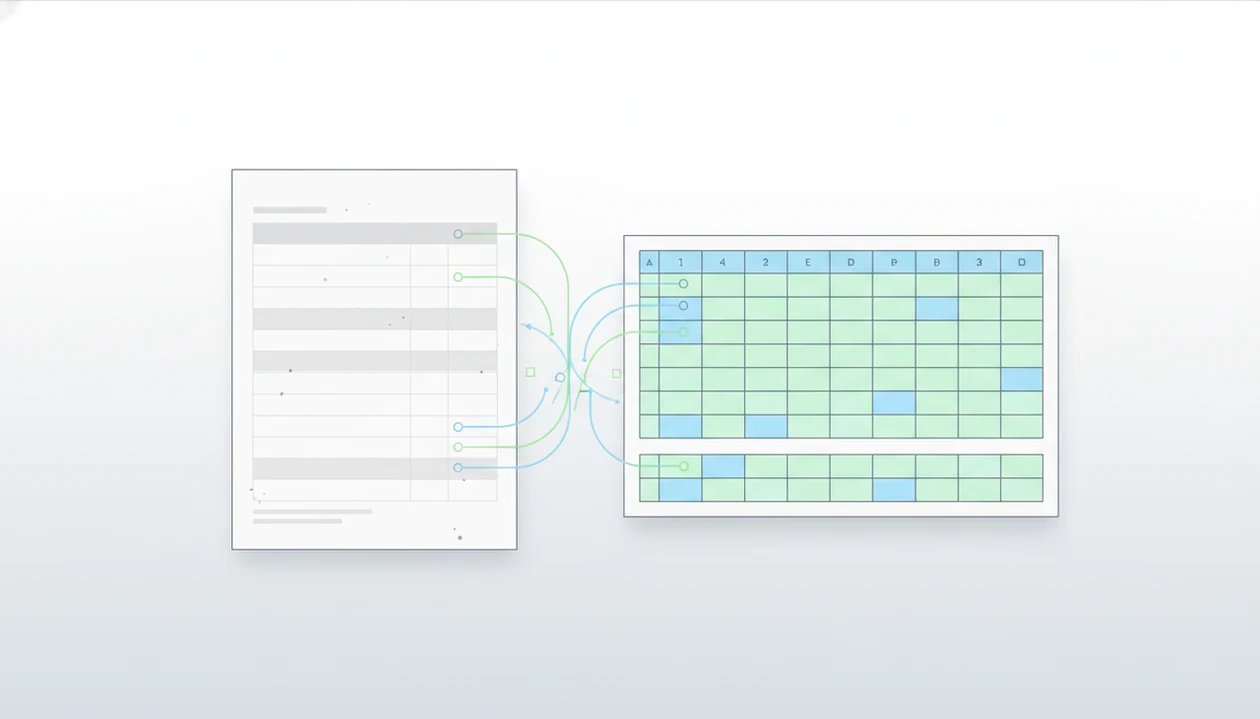 A PDF table is visually converted into a clean spreadsheet grid with highlighted rows and columns.