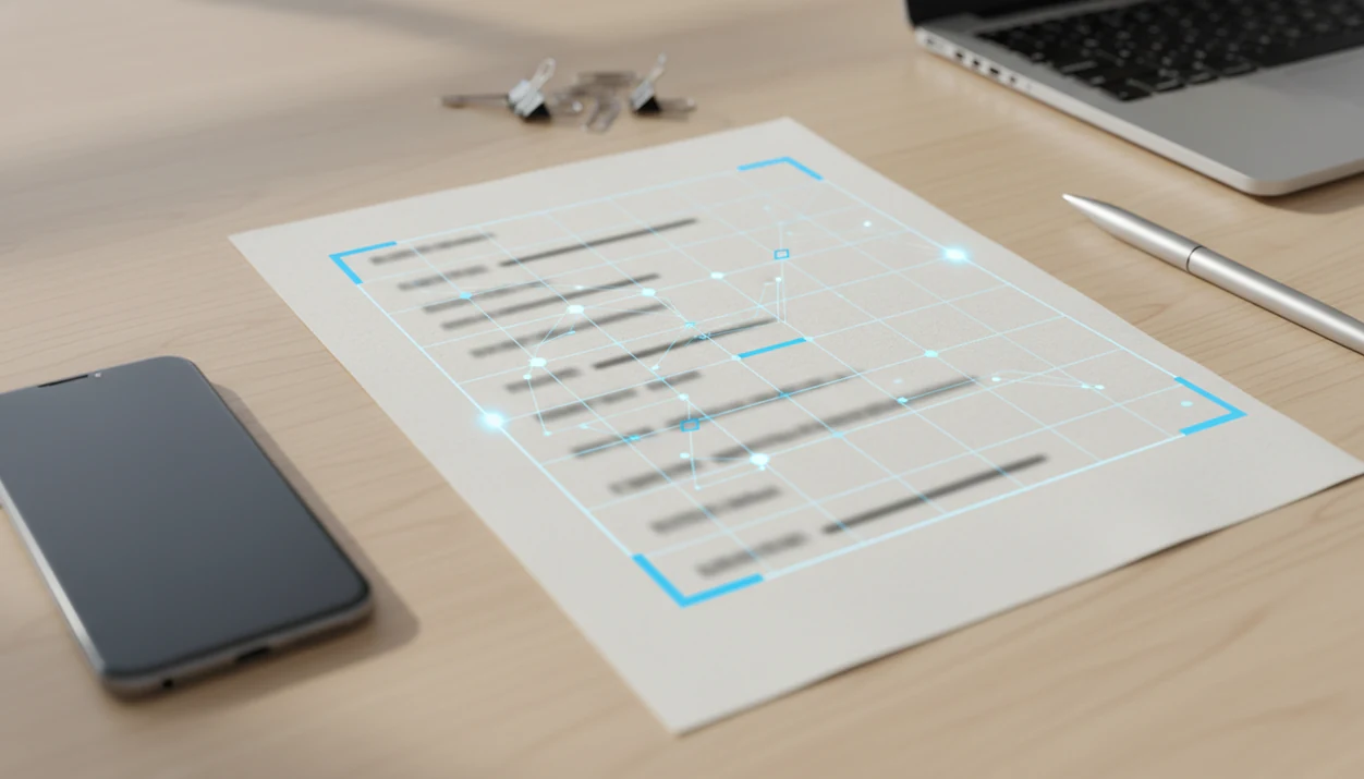 A scanned document on a desk is shown with a glowing OCR recognition grid above it.