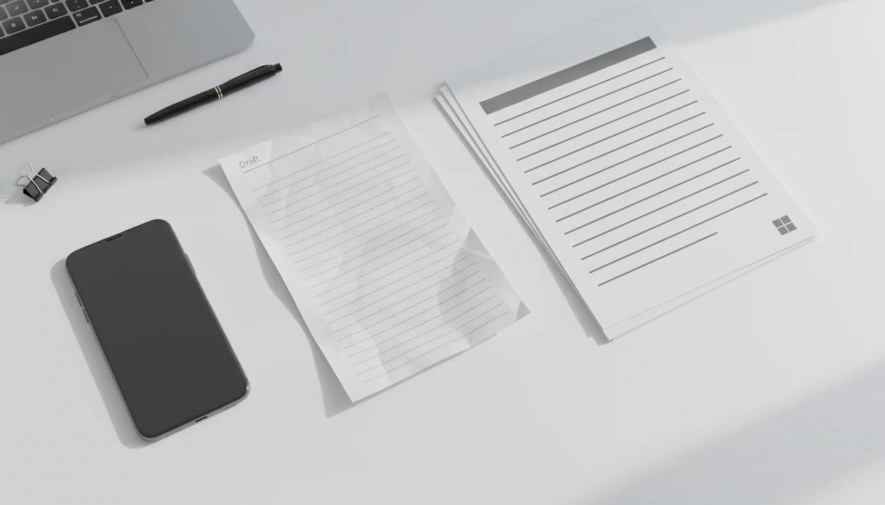 A phone and office documents arranged to suggest converting an editable file into a finished PDF.